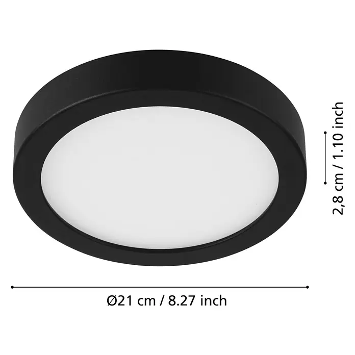 Eglo LED-Deckenleuchte Fueva 5 Sensor - 17 W, Schwarz, Warmweiß, Durchmesser: 21 cm - Nahaufnahme einer schwarzen LED-Deckenleuchte mit den Maßen Ø21 cm und 2,8 cm Höhe.