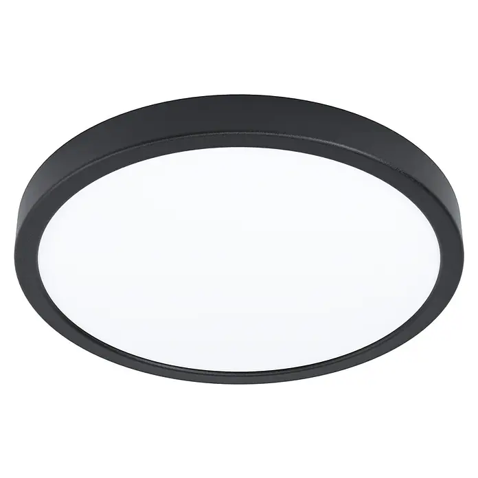 Eglo LED-Deckenleuchte Fueva 5 Sensor - 28,5 W, Schwarz, Warmweiß, Durchmesser: 28,5 cm - Nahaufnahme einer runden, schwarzen Deckenleuchte mit einer hellen, weißen Lichtfläche, ideal für moderne Innenräume.
