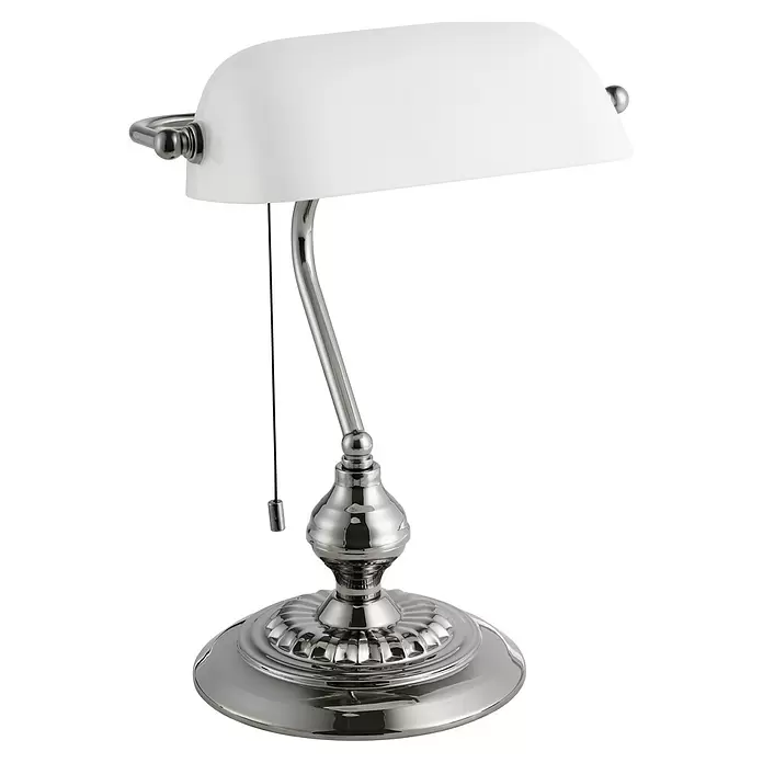 Eglo LED-Tischleuchte Banker - 60 W, L x B x H: 27,5 x 10 x 39 cm, Nickel-matt, Weiß - Schreibtischlampe aus poliertem Metall mit weißem, gebogenem Schirm und Zugschalter.