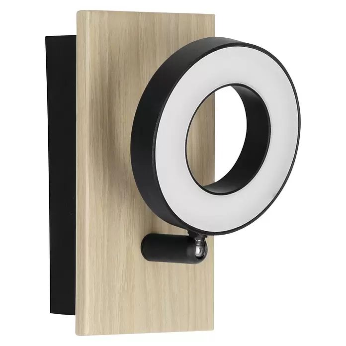 Eglo LED-Wand- & Deckenleuchte Rielves - 4,7 W, Holz, Stahl, Schwarz, Warmweiß - Wandleuchte mit heller Holzrückplatte und verstellbarem schwarzem Ringlicht mit weißem Diffusor.
