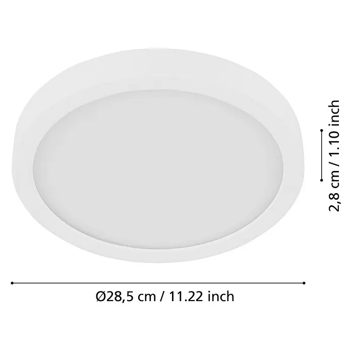 Eglo LED-Deckenleuchte Fueva 5 Sensor - 28,5 W, Weiß, Warmweiß, Durchmesser: 28,5 cm - Abmessungen einer runden LED-Deckenleuchte in Weiß, Durchmesser 28,5 cm, Höhe 2,8 cm.