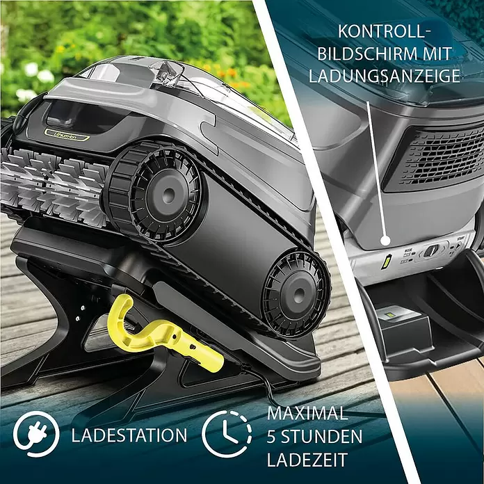 Zodiac Poolroboter CNX-Li 5220 iQ - Akkubetrieben, Passend für: Gartenpools bis 10 x 5 m, Filterleistung: 15 m³/h - Dunkelgrauer Roboterreiniger auf Ladestation mit transparenter Abdeckung und gelbem Griff. Zeigt Kontrollbildschirm und Ladeanzeige.