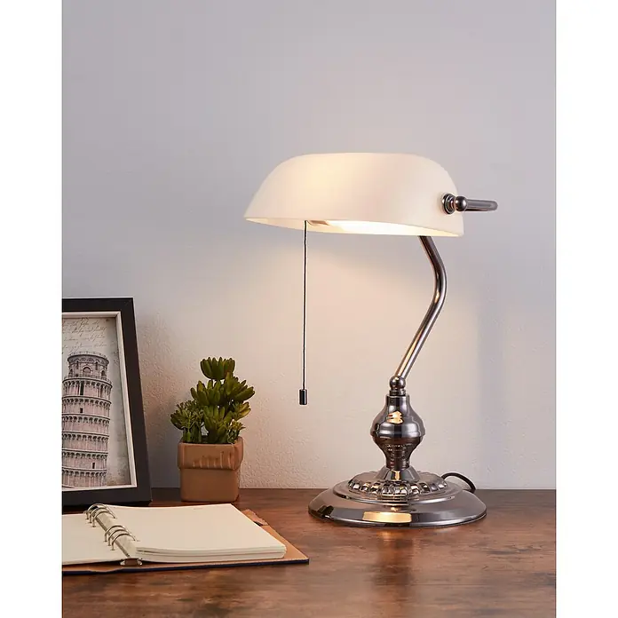 Eglo LED-Tischleuchte Banker - 60 W, L x B x H: 27,5 x 10 x 39 cm, Nickel-matt, Weiß - Diese elegante Bankerlampe mit ihrem klassischen Design ist die perfekte Schreibtischleuchte. Sie ist ideal für jeden Arbeitsbereich.