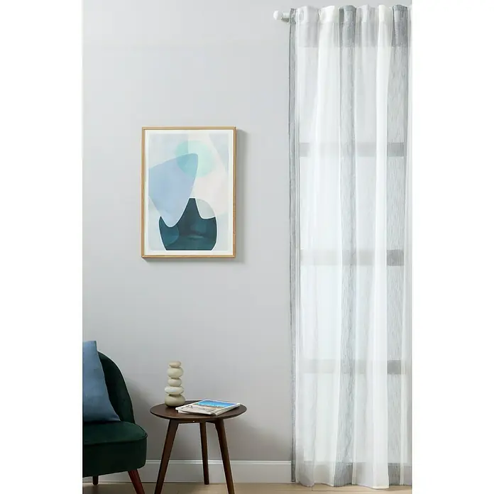 Visillo para ventana Centro - An x Al: 140 x 260 cm, 100% poliéster, Gris - Elegante cortina blanca con patrón de rayas grises, que difumina suavemente la luz en la habitación y crea un ambiente relajante.