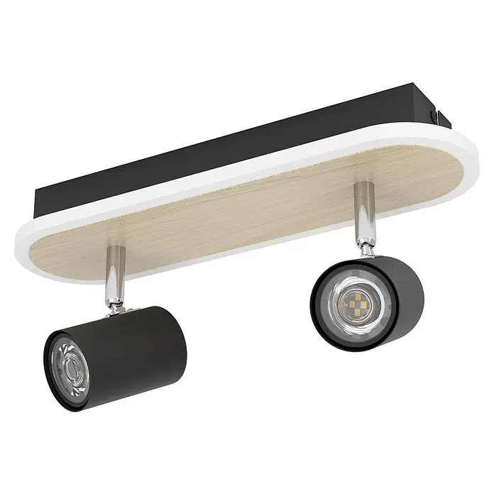 Eglo LED-Deckenstrahler Rimbocchi - 12 W, L x B x H: 34 x 10 x 15 cm, Schwarz, Holz, Warmweiß - Zwei schwarze zylindrische LED-Deckenstrahler an einer rechteckigen Leuchte mit heller Holzoptik und weißem Rahmen.