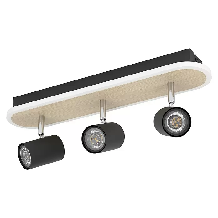 Eglo LED-Deckenstrahler Rimbocchi - 12 W, L x B x H: 46 x 10 x 15 cm, Schwarz, Holz, Warmweiß - Moderne Stromschienenleuchte mit drei schwarzen zylindrischen Strahlern und einem Holzsockel mit weißen und schwarzen Akzenten.