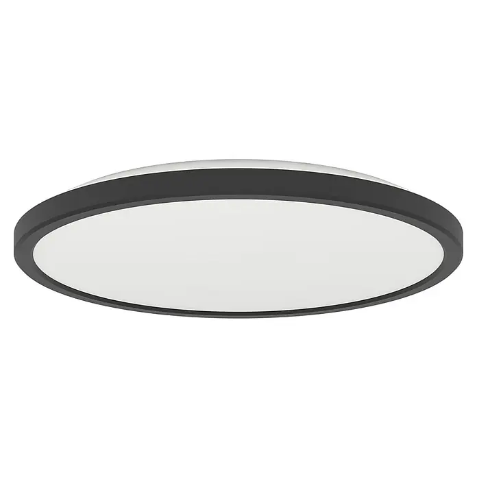 Eglo LED-Deckenleuchte Rovito - 13,9 W, Ø x H: 30 x 3 cm, Schwarz, Warmweiß - Deckenleuchte mit einem runden, grauen Rahmen und einer weißen Lichtfläche. Die Lampe ist modern und schlicht gestaltet.