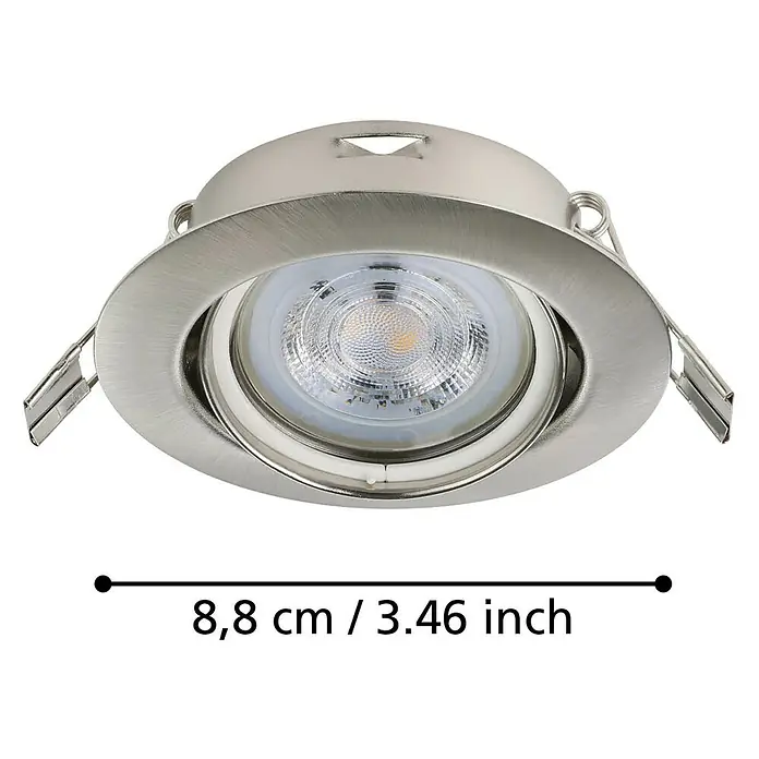 Eglo LED-Einbauleuchten-Set Favazzina - 4 W, Warmweiß, Nickel, Durchmesser: 8,8 cm - Nahaufnahme einer runden LED-Einbauleuchte in gebürstetem Nickel mit einer angegebenen Größe von 8,8 cm.