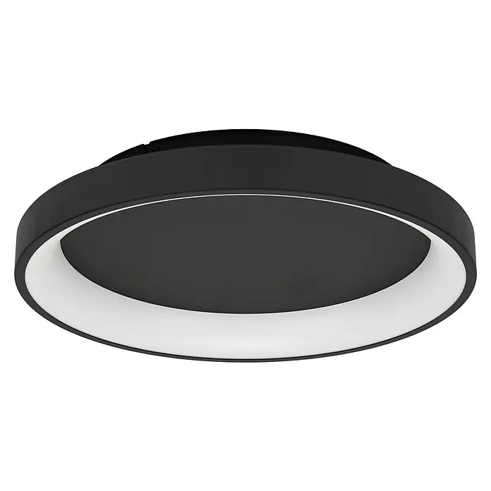 Eglo LED-Deckenleuchte Loretello - 12 W, Schwarz, Warmweiß, Durchmesser: 35 cm - Nahaufnahme einer eleganten, schwarzen Deckenleuchte mit einem kreisförmigen, weißen Lichtelement, ideal für moderne Innenräume.