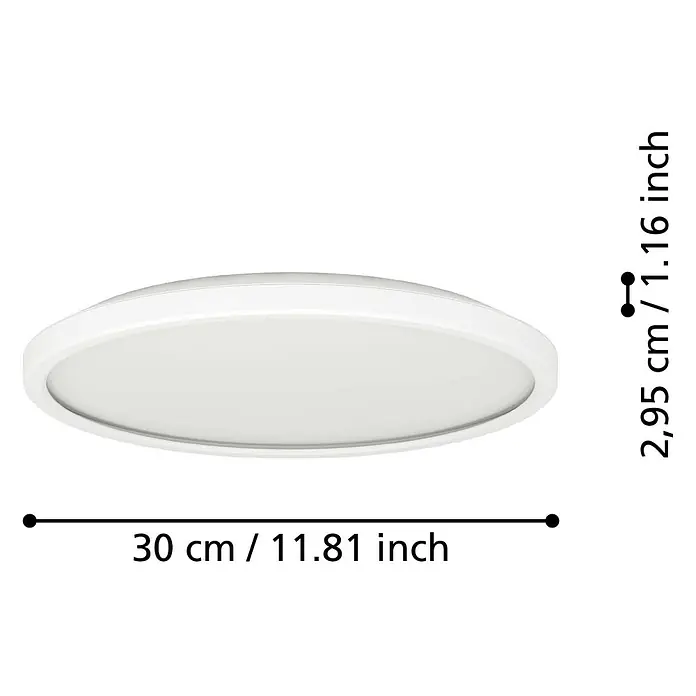 Eglo LED-Deckenleuchte Rovito - 13,9 W, Ø x H: 30 x 3 cm, Weiß, Warmweiß - Produktbild einer LED Deckenleuchte in Weiß mit den Maßen 30 cm Durchmesser und 2,95 cm Höhe.