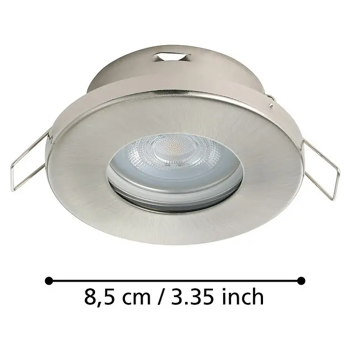 Eglo LED-Einbauleuchten-Set Favazzina - 4 W, Warmweiß, Nickel, Durchmesser: 8,5 cm - Nahaufnahme eines runden, eingelassenen LED-Deckenspots aus gebürstetem Nickel mit Maßangaben.