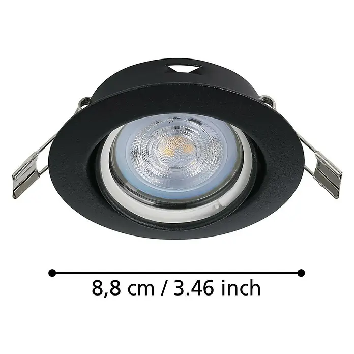 Eglo LED-Einbauleuchten-Set Favazzina - 4 W, Warmweiß, Schwarz, Durchmesser: 8,8 cm - Produktbild einer schwarzen runden Einbauleuchte mit silbernen Befestigungsclips und den Maßen 8,8 cm / 3.46 inch.