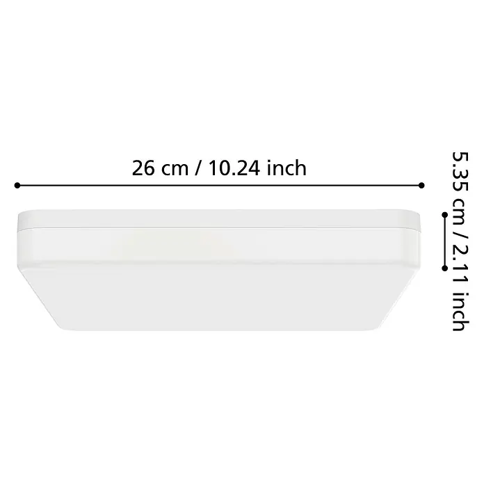 Eglo Castagneto LED-Deckenleuchte - 16,5 W, L x B x H: 26 x 26 x 5 cm, Weiß, Warmweiß - Abbildung einer weißen quadratischen LED-Deckenleuchte mit den Maßen 26 cm x 5,35 cm.