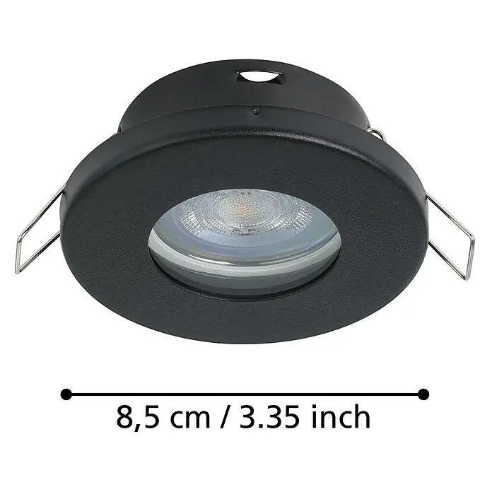 Eglo LED-Einbauleuchten-Set Favazzina - 4 W, Warmweiß, Schwarz, Durchmesser: 8,5 cm - Produktbild einer runden, schwarzen Einbauleuchte mit den Maßen 8,5 cm / 3,35 Zoll.