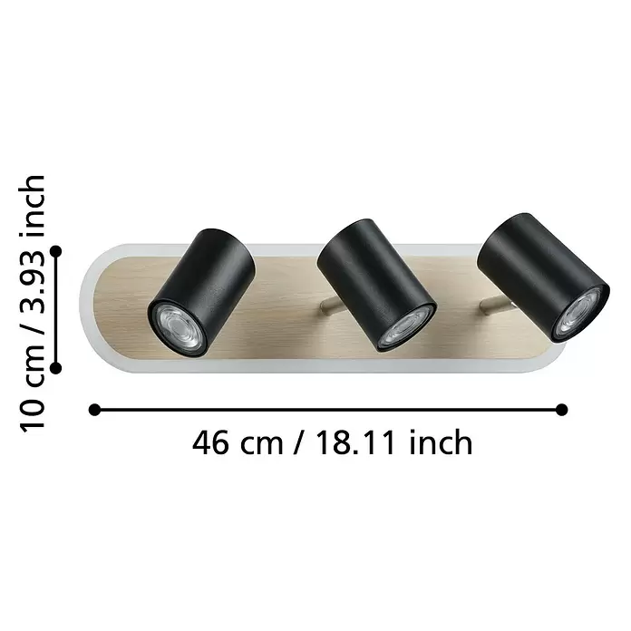 Eglo LED-Deckenstrahler Rimbocchi - 12 W, L x B x H: 46 x 10 x 15 cm, Schwarz, Holz, Warmweiß - Drei schwarze zylindrische Strahler auf hellem Holzsockel mit weißem Rand, 46 cm breit und 10 cm hoch.