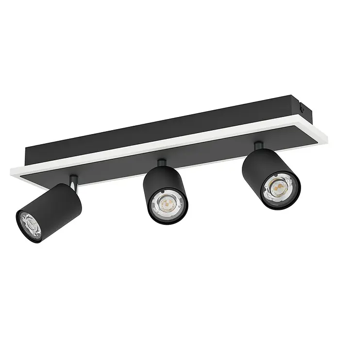 Eglo LED-Deckenstrahler Rimbocchi - 20 W, L x B x H: 46 x 10 x 14 cm, Schwarz, Warmweiß - Deckenleuchte mit drei schwarzen Strahlern und weißem Rahmen. Ideal für moderne Wohnräume mit minimalistischem Design.