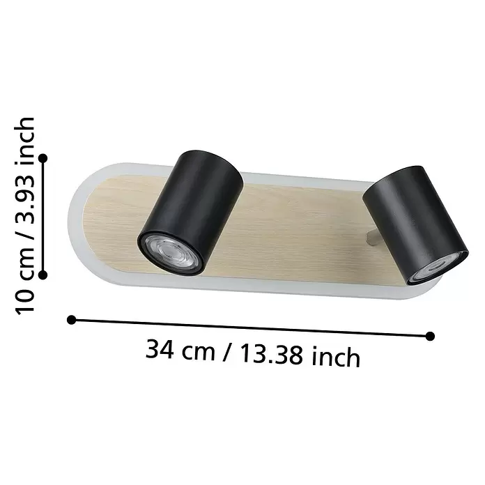 Eglo LED-Deckenstrahler Rimbocchi - 12 W, L x B x H: 34 x 10 x 15 cm, Schwarz, Holz, Warmweiß - Wandleuchte mit hellem Holzsockel und zwei verstellbaren schwarzen Strahlern.