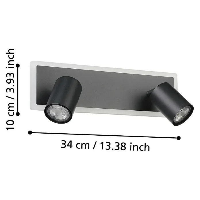 Eglo LED-Einbauleuchte Rimbocchi - 12 W, L x B x H: 34 x 10 x 14 cm, Schwarz, Warmweiß - Abbildung einer modernen LED-Wandleuchte in Schwarz und Weiß mit zwei Strahlern und Maßangaben für Höhe und Breite.
