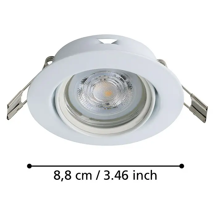 Eglo LED-Einbauleuchten-Set Favazzina - 4 W, Warmweiß, Weiß, Durchmesser: 8,8 cm - Produktbild einer weißen, runden LED-Einbauleuchte mit silbernen Befestigungsfedern und Größenangabe.