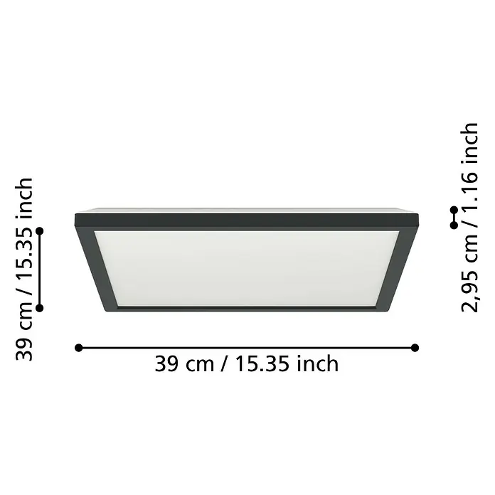 Eglo LED-Deckenleuchte Rovito-R - 17,6 W, L x B x H: 39 x 39 x 3 cm, Schwarz, Warmweiß - Produktbild mit den Maßen einer quadratischen LED-Deckenleuchte in Schwarz und Weiß.