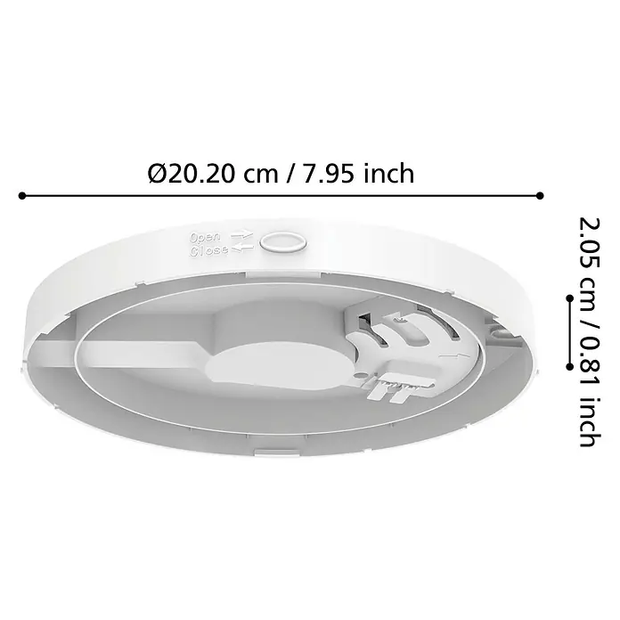 Eglo Castagneto Befestigungselement - 20 x 2 cm, Passend für: Eglo Castagneto LED-Deckenleuchte - Ein weißer runder Rauchmelder mit den Maßen Durchmesser 20,20 cm und Höhe 2,05 cm. Das Gerät ist aus Kunststoff gefertigt und hat eine Drehverschlussfunktion.