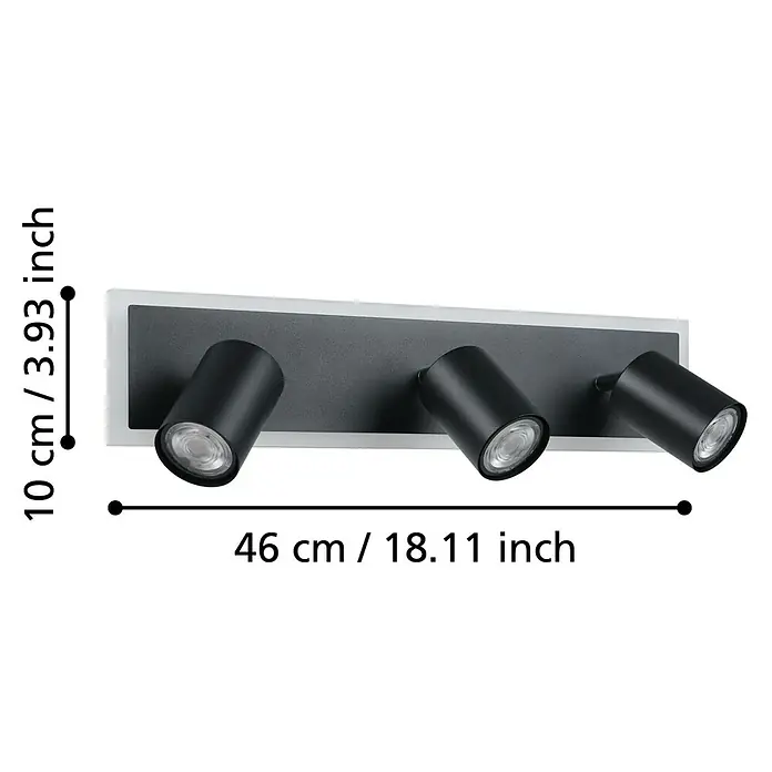 Eglo LED-Deckenstrahler Rimbocchi - 20 W, L x B x H: 46 x 10 x 14 cm, Schwarz, Warmweiß - Abmessungen der schwarzen Deckenleuchte mit drei Strahlern auf einem grauen Paneel, montiert auf einer weißen Halterung.