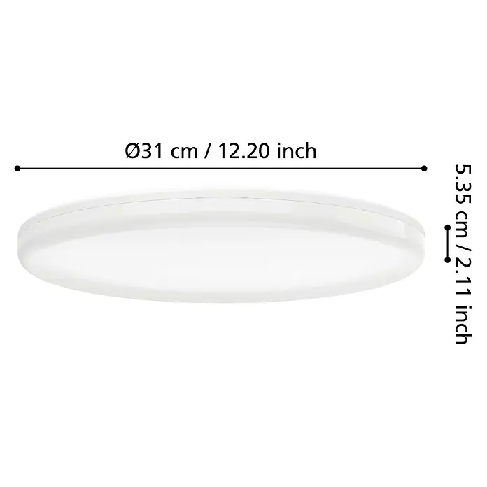 Eglo Castagneto LED-Deckenleuchte rund - 20 W, Ø x H: 31 x 5 cm, Weiß, Warmweiß - Produktansicht einer runden, weißen Deckenleuchte mit den Maßen Ø31 cm / 12.20 Zoll und 5.35 cm / 2.11 Zoll.