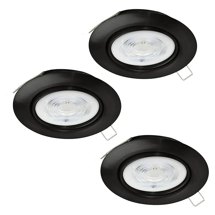 Eglo LED-Einbauleuchten-Set Favazzina - 4 W, Warmweiß, Schwarz, Durchmesser: 8,5 cm - Abbildung von drei schwarzen LED-Einbauspots mit hellen, runden Leuchtflächen für eine moderne und energieeffiziente Beleuchtung.