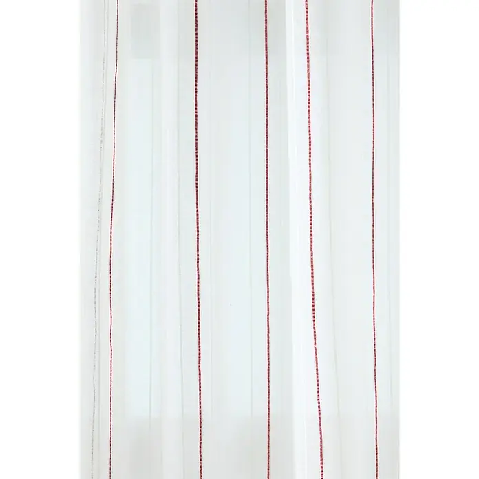 Visillo para ventana Raya - An x Al: 140 x 260 cm, 100% poliéster, Blanco/Rojo - Un primer plano de una tela de cortina blanca con finas rayas verticales rojas y plateadas. La cortina parece delicada y translúcida.