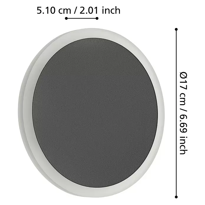 Eglo LED-Wandleuchte Talamello 1 - 12 W, Schwarz, Warmweiß, Durchmesser: 17 cm - Rundes, dunkelgraues Objekt mit hellgrauem Rand, Ø17 cm Durchmesser, 5,10 cm tief.