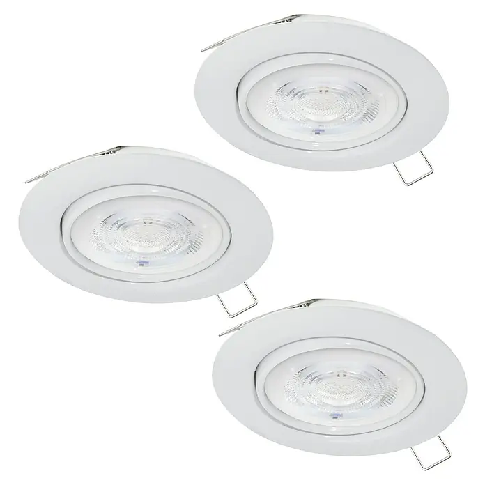 Eglo LED-Einbauleuchten-Set Favazzina - 4 W, Warmweiß, Weiß, Durchmesser: 8,5 cm - Diese Aufnahme zeigt drei runde, weiße LED-Einbaustrahler mit einem schlichten, modernen Design, ideal für zeitgemäße Beleuchtungskonzepte.