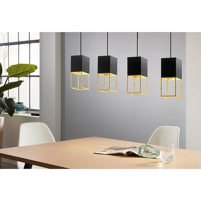 Eglo LED-Pendelleuchte Montebaldo - 4,5 W, L x B x H: 85 x 10 x 110 cm, Gold, Schwarz, Warmweiß - Hängeleuchten mit einem modernen Design aus schwarzen Quadern und goldenen Rahmen über einem Esstisch.