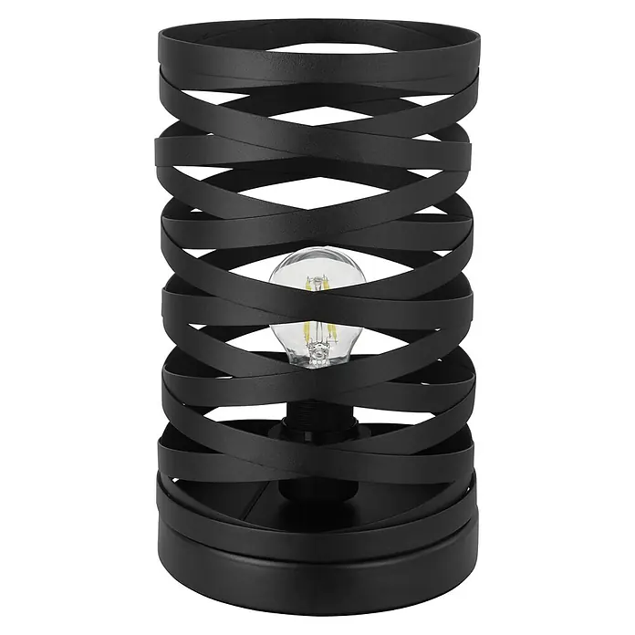 Eglo LED-Tischleuchte Cremella - 40 W, Schwarz, E27, Ø x H: 18 x 29 cm - Eine Nahaufnahme einer modernen schwarzen Tischleuchte mit dekorativen, sich kreuzenden Bändern und einer freiliegenden Glühbirne.
