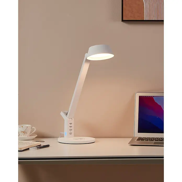 Eglo LED-Tischleuchte Banderalo - 4,8 W, L x B x H: 30,5 x 17 x 40,5 cm, Weiß, Neutralweiß - Elegante Schreibtischlampe mit LED-Beleuchtung und integrierter Ladestation für ein stilvolles Arbeitsambiente.