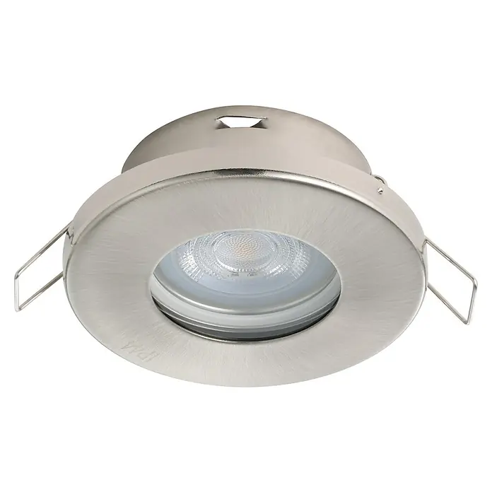 Eglo LED-Einbauleuchten-Set Favazzina - 4 W, Warmweiß, Nickel, Durchmesser: 8,5 cm - Nahaufnahme einer runden, eingelassenen LED-Deckenleuchte mit gebürsteter Metalloberfläche und sichtbarem Leuchtmittel.