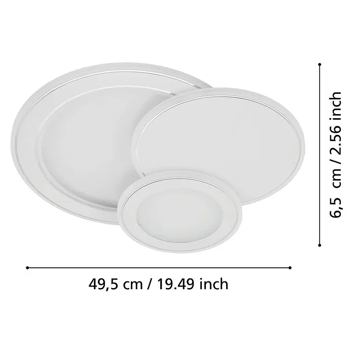 Eglo LED-Deckenleuchte Mentalurgia - 11 W, L x B x H: 465 x 465 x 65 mm, Weiß/ Chrom, Lichtfarbe: Warmweiß - Deckenleuchte mit drei weißen, runden Lampenschirmen unterschiedlicher Größe.