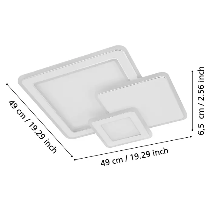 Eglo LED-Deckenleuchte Mentalurgia - 12 W, L x B x H: 490 x 490 x 65 mm, Weiß/ Chrom, Lichtfarbe: Warmweiß - Ein elegantes Panel mit Abmessungen, die auf dem Bild dargestellt sind, ein modernes Designelement.