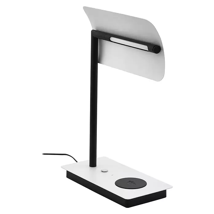 Eglo LED-Tischleuchte Arenaza - 5,8 W, L x B x H: 24 x 13 x 32 cm, Weiß, Warmweiß - Moderne schwarz-weiße LED-Schreibtischlampe mit integrierter kabelloser Ladestation auf dem weißen rechteckigen Sockel.