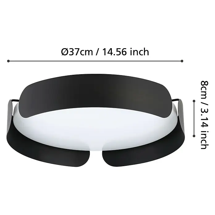 Eglo LED-Deckenleuchte Valcasotto - 21,6 W, Ø x H: 37 x 75 cm, Warmweiß - Das Bild zeigt eine moderne Deckenleuchte in Schwarz und Weiß mit den Maßen Ø37cm / 14.56 inch und 8cm / 3.14 inch.