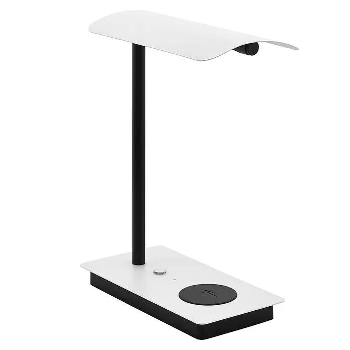 Eglo LED-Tischleuchte Arenaza - 5,8 W, L x B x H: 24 x 13 x 32 cm, Weiß, Warmweiß - Moderne Schreibtischlampe mit gebogener weißer Lichtquelle, schwarzem Ständer und weißem Sockel mit schwarzem kabellosem Ladepad.