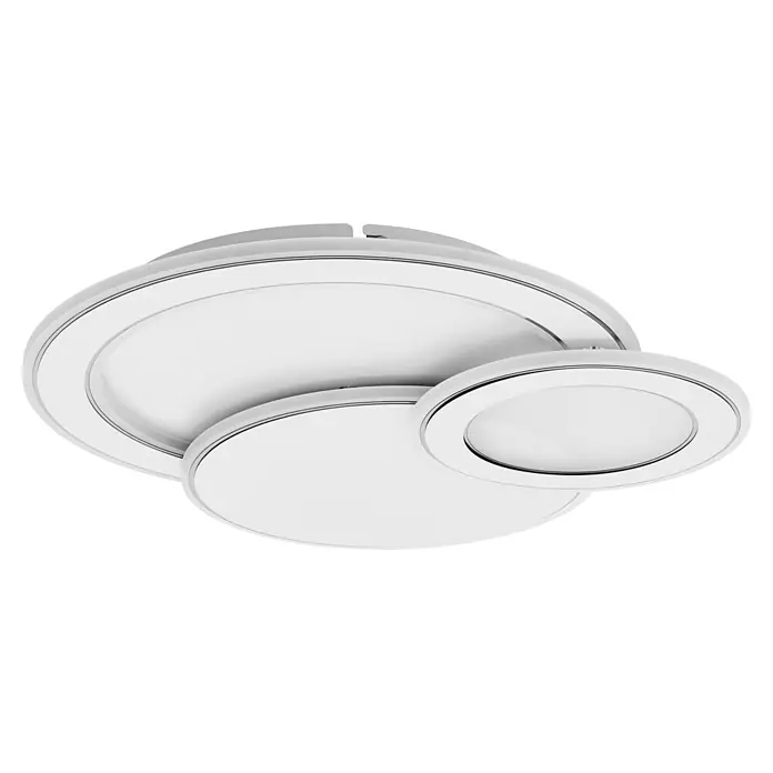 Eglo LED-Deckenleuchte Mentalurgia - 11 W, L x B x H: 465 x 465 x 65 mm, Weiß/ Chrom, Lichtfarbe: Warmweiß - Nahaufnahme einer runden, weißen Deckenleuchte mit silberfarbenen Akzenten auf schwarzem Hintergrund.
