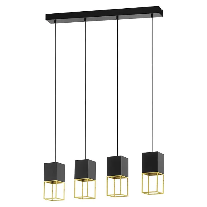 Eglo LED-Pendelleuchte Montebaldo - 4,5 W, L x B x H: 85 x 10 x 110 cm, Gold, Schwarz, Warmweiß - Schwarze und goldene Hängelampe mit vier Leuchten. Diese elegante Lampe spendet ein helles und stilvolles Licht und ist ein echter Hingucker.