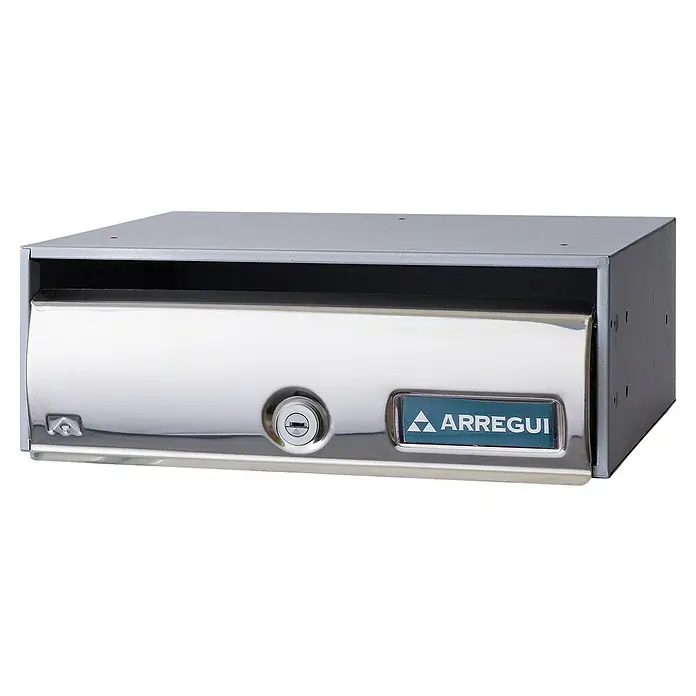 Arregui Future Buzón de pared H3500-11 - L x An x Al: 25 x 34,5 x 12 cm, Acero inoxidable, Acero - Aquí hay una imagen de un buzón Arregui de metal brillante con un agujero para la llave y un logo azul sobre fondo negro.