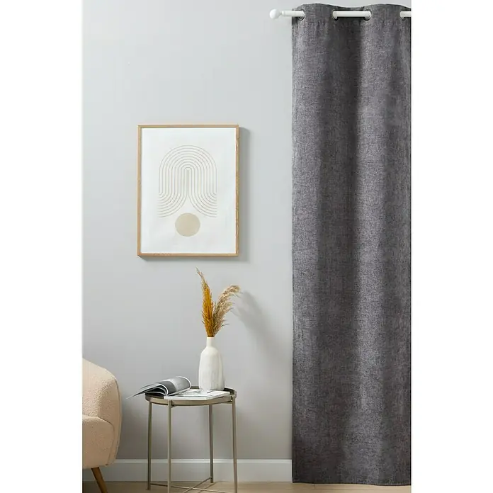 Cortina con ollaos Harper - An x Al: 140 x 250 cm, Gris, Textil - Cortina opaca gris con suspensión de ojales, ideal para dormitorios o salas de estar, combinada con obras de arte minimalistas.
