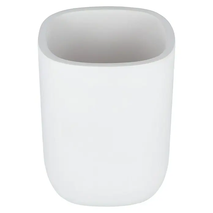 Venus Katta Zahnputzbecher - Weiß, Polyresin - Nahaufnahme eines weißen, quadratischen Keramikbechers mit abgerundeten Ecken, ideal für Bad oder Küche. Schlichtes, modernes Design.
