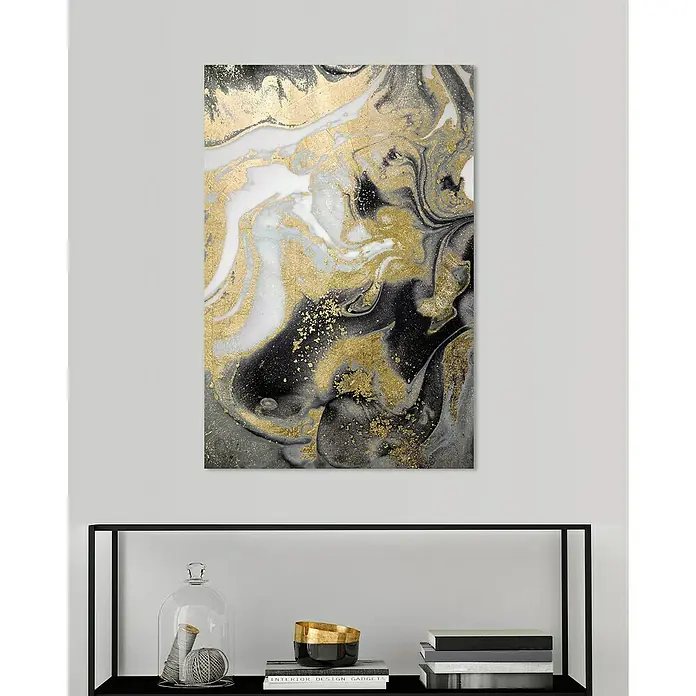Glasbild - Marmor Gold, B x H: 100 x 150 cm - Abstrakte Wandkunst mit Marmorierung in Gold, Schwarz und Weiß, die jedem Raum einen Hauch von Eleganz verleiht. Stilvolle Dekoration für moderne Wohnräume.