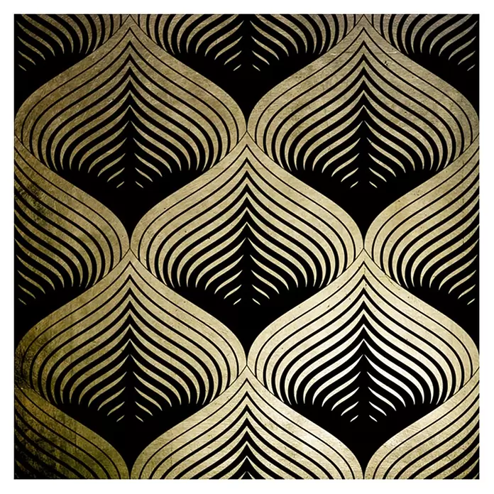 Glasbild - Illusion Gold, B x H: 40 x 40 cm - Strukturiertes goldenes Art Deco Muster mit sich wiederholenden, geschichteten Blattmotiven auf schwarzem Grund.