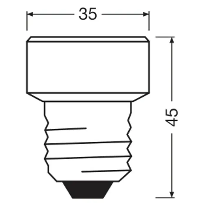 Ledvance LED-Lampe Flat - E27, Dimmbar, Warmweiß, 300 lm, 3,5 W, 1 Stk. - Skizze einer E14 LED Lampe mit den Maßen 35mm breit und 45mm hoch, ideal für energieeffiziente Beleuchtungslösungen im Haushalt.