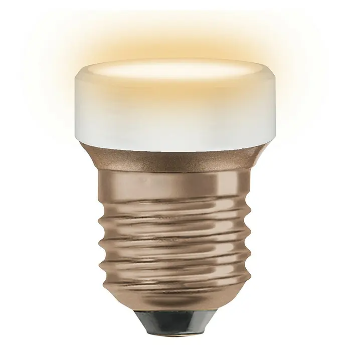 Ledvance LED-Lampe Flat - E27, Dimmbar, Warmweiß, 300 lm, 3,5 W, 1 Stk. - Nahaufnahme einer LED-Lampe mit E14-Sockel, die ein warmes, energiesparendes Licht ausstrahlt. Ideal für stimmungsvolle Beleuchtung.
