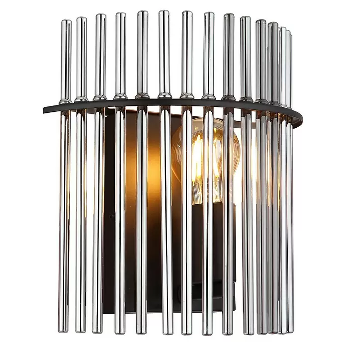 Globo Gorley LED-Wandleuchte - 60 W, L x B x H: 12,5 x 25 x 26 cm, Schwarz, Silber, Rauch - Moderne Wandleuchte mit vertikalen polierten Chromstäben um eine warm leuchtende Glühbirne auf dunklem Sockel.